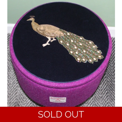 Large 40x40x40cm STORAGE Stool/Footstool Pink Purple Harris Tweed  & Voyage Embroidered  Peacock